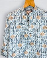 Nature's Touch – Printed Cotton Short Kurta in Blue & Gold